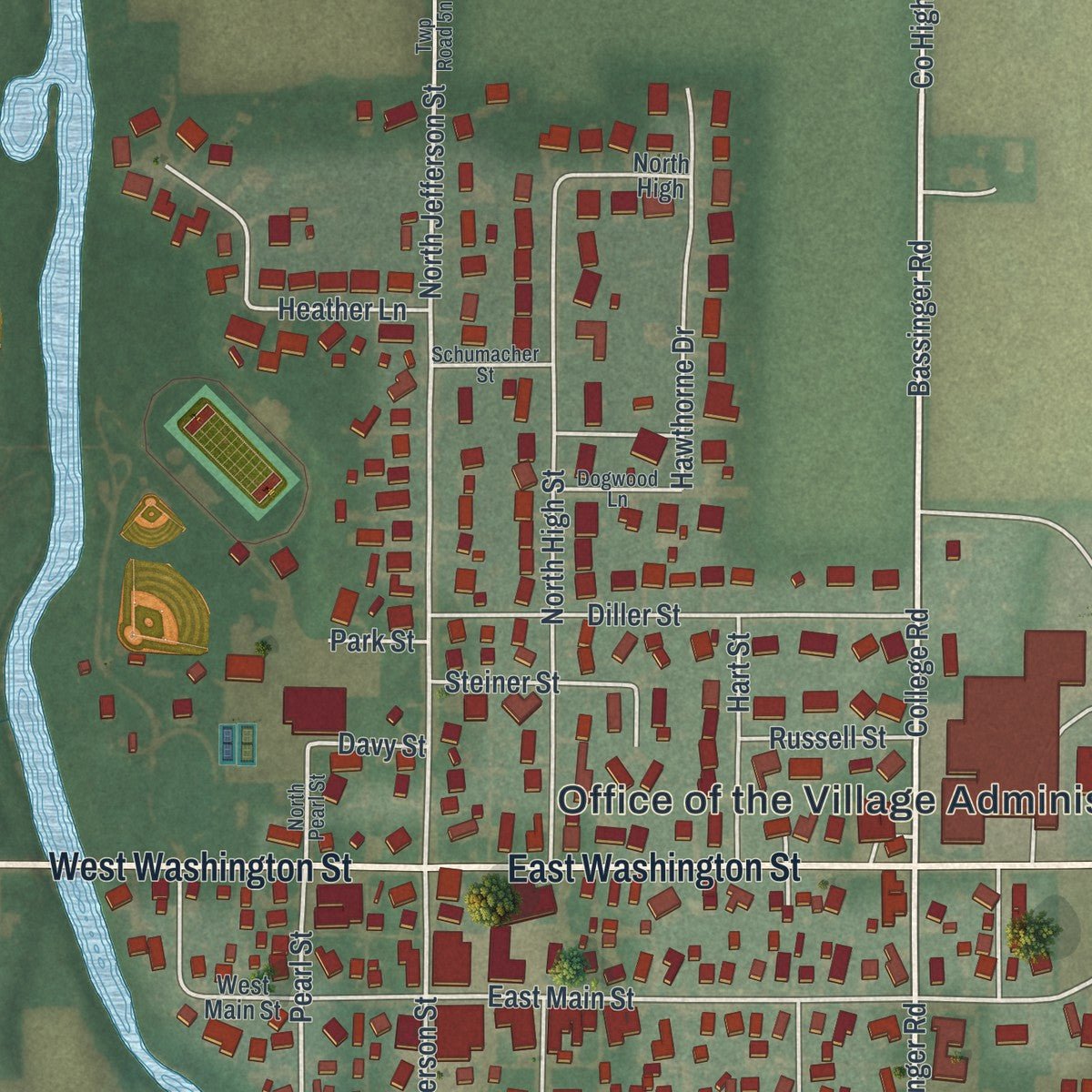 Close-up of the map of Pandora, Ohio print showing street and building detail