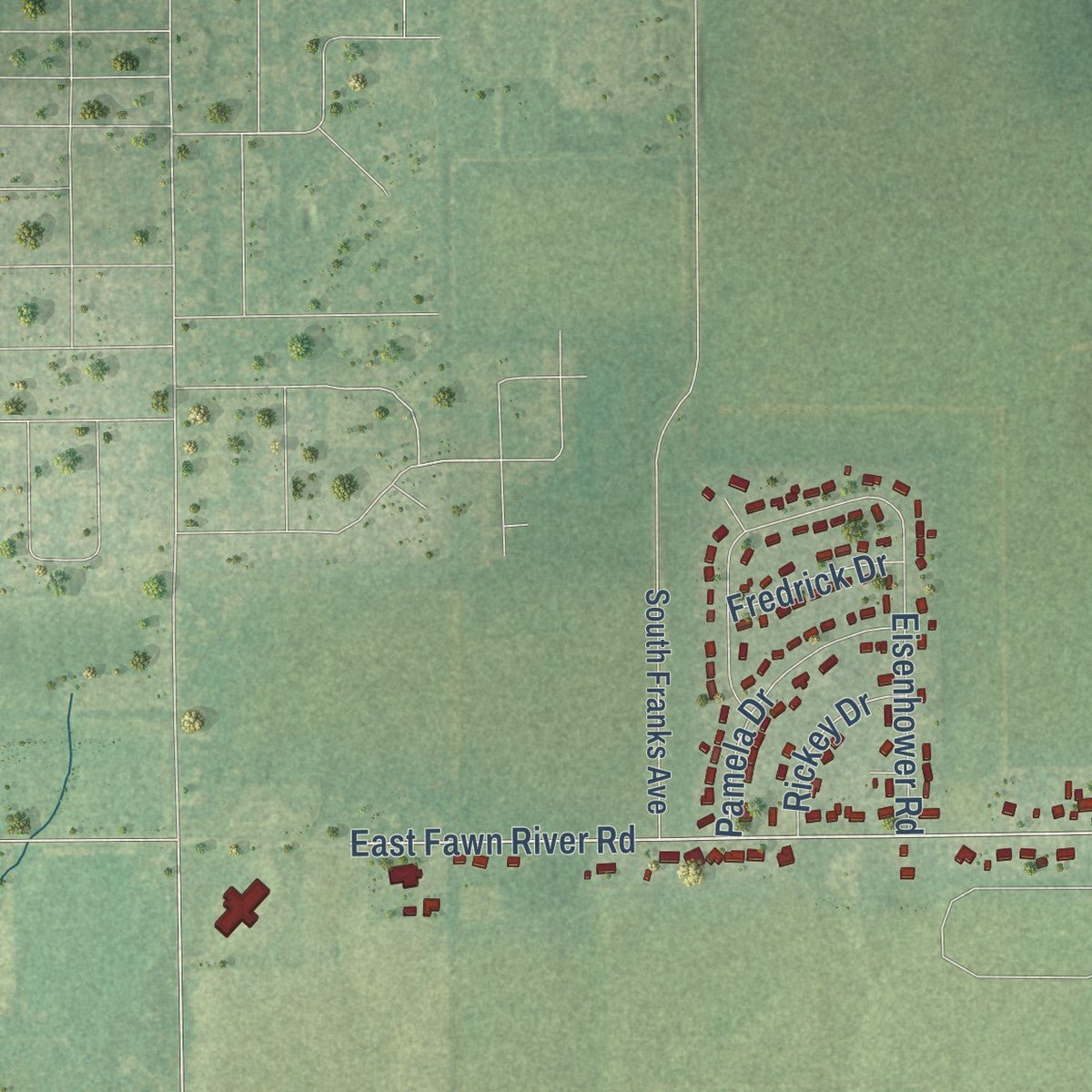 Close-up of the map of Fawn River, Michigan print showing street and building detail