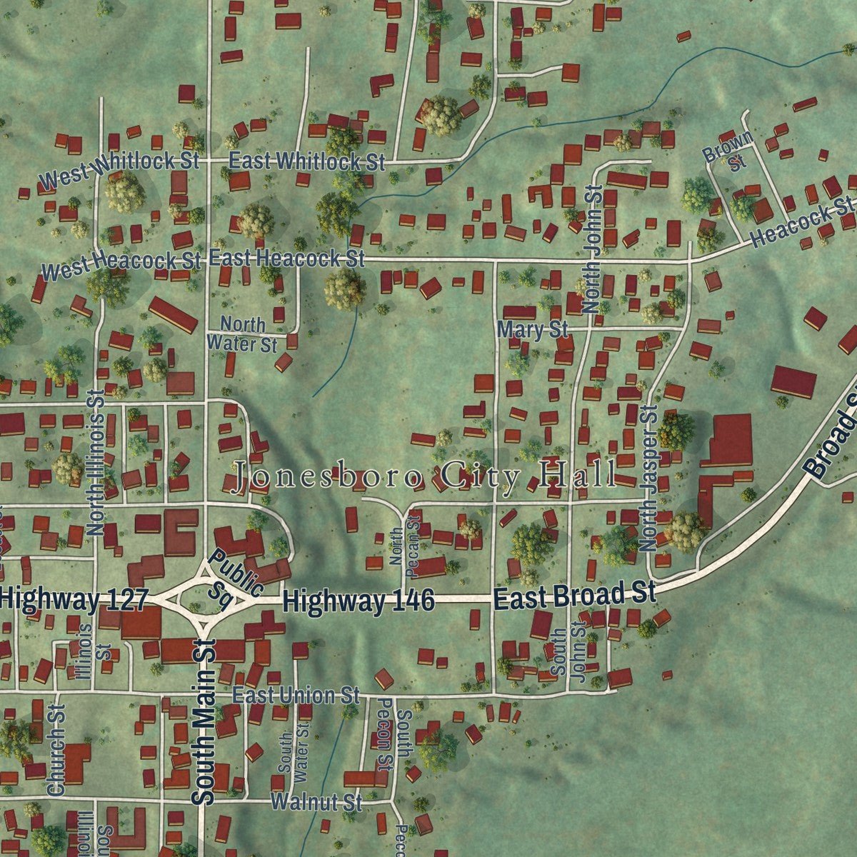 Close-up of the map of Jonesboro, Illinois print showing street and building detail