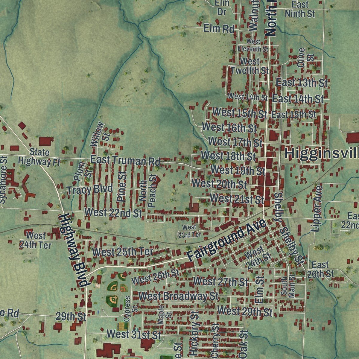 Close-up of the map of Higginsville, Missouri print showing street and building detail