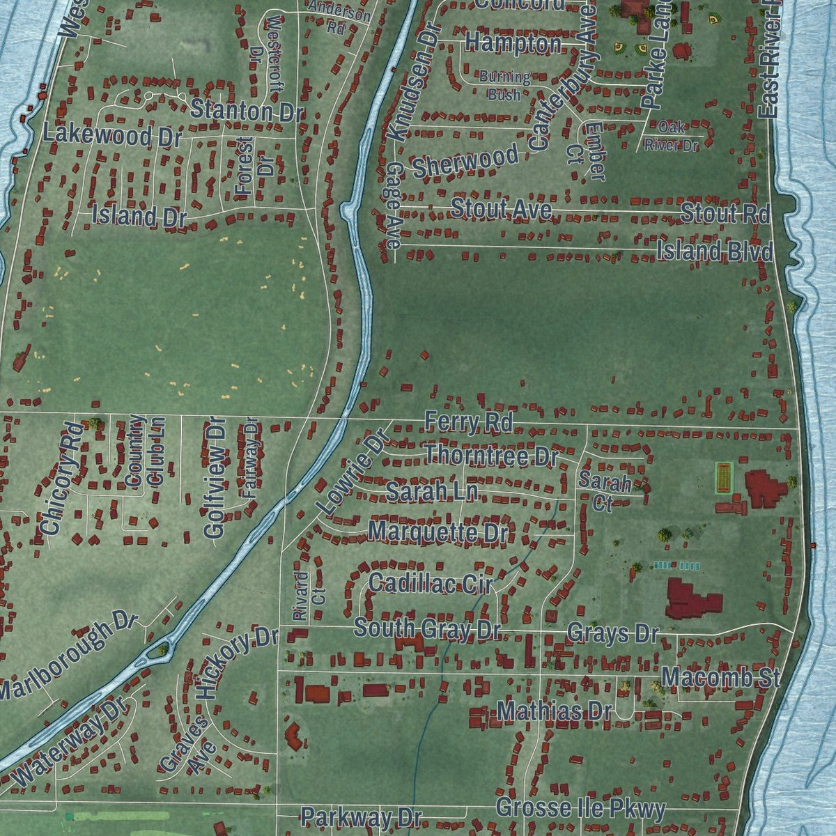 Close-up of the map of Grosse Ile, Michigan print showing street and building detail