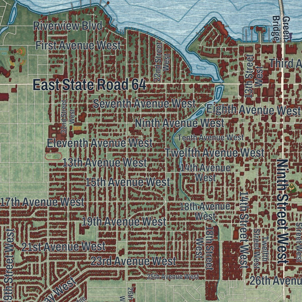 Close-up of the map of Bradenton, Florida print showing street and building detail