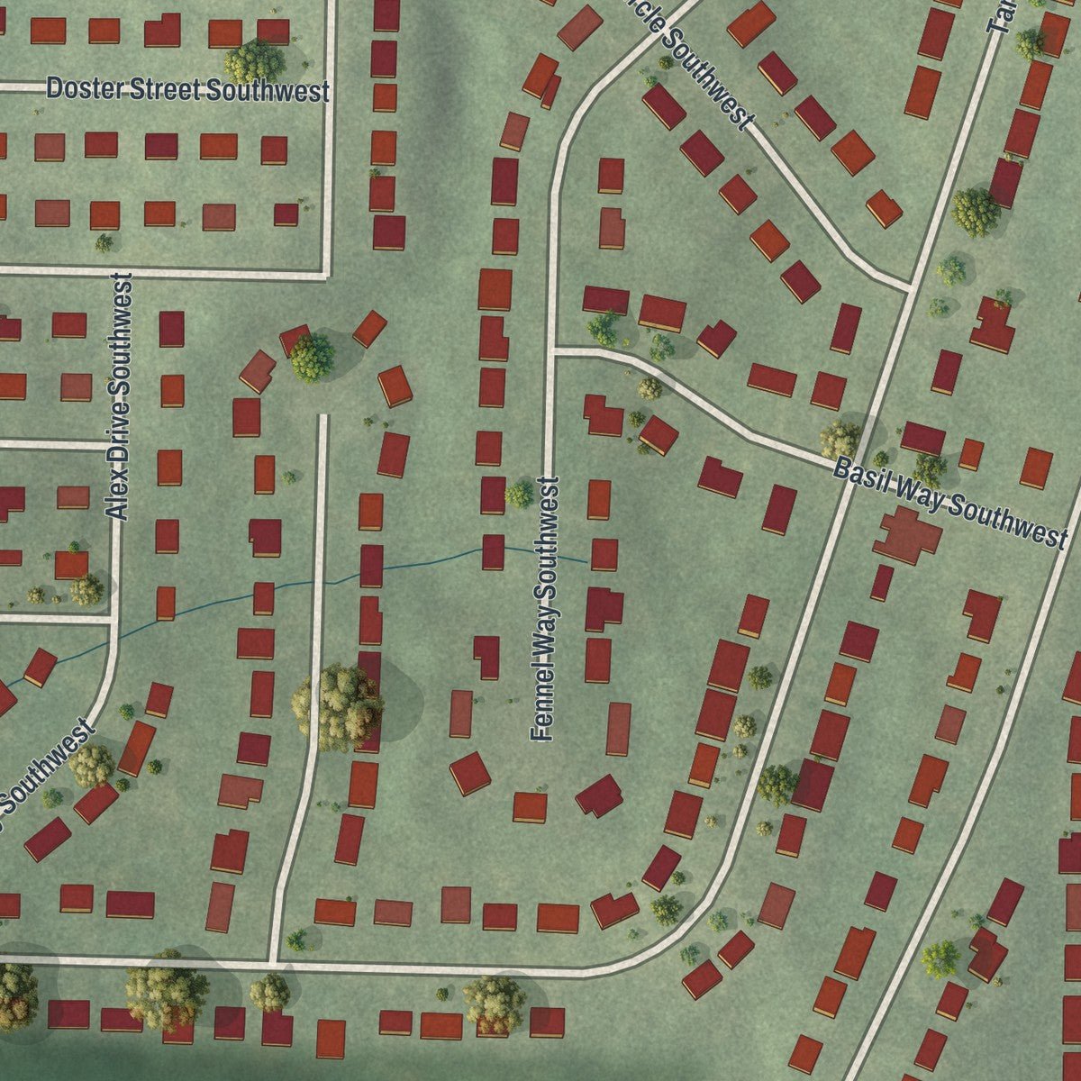 Close-up of the map of Wilson Mill Meadows, Georgia print showing street and building detail