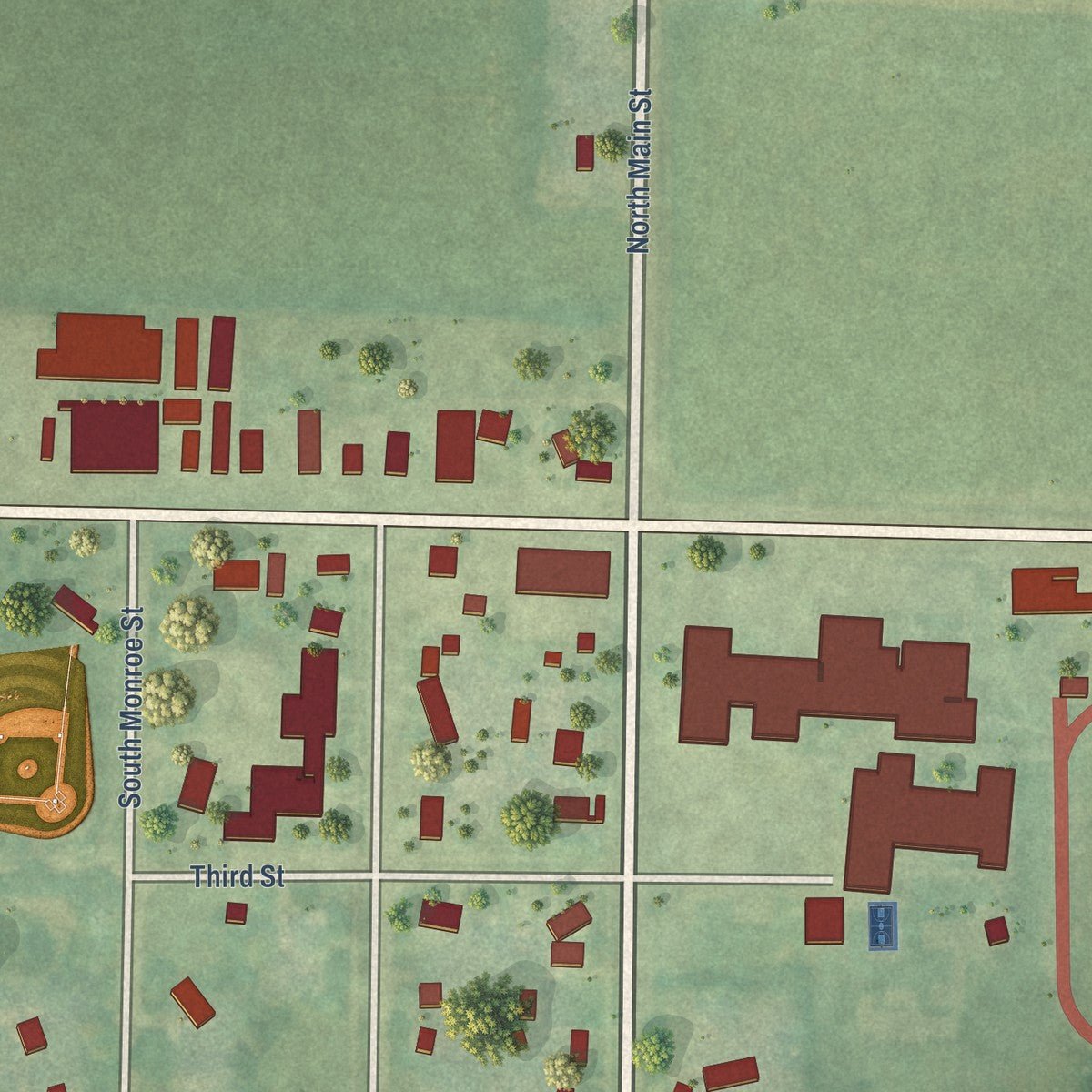 Close-up of the map of Custer, Michigan print showing street and building detail