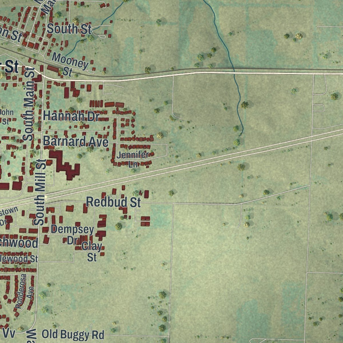 Close-up of the map of Rogersville, Missouri print showing street and building detail