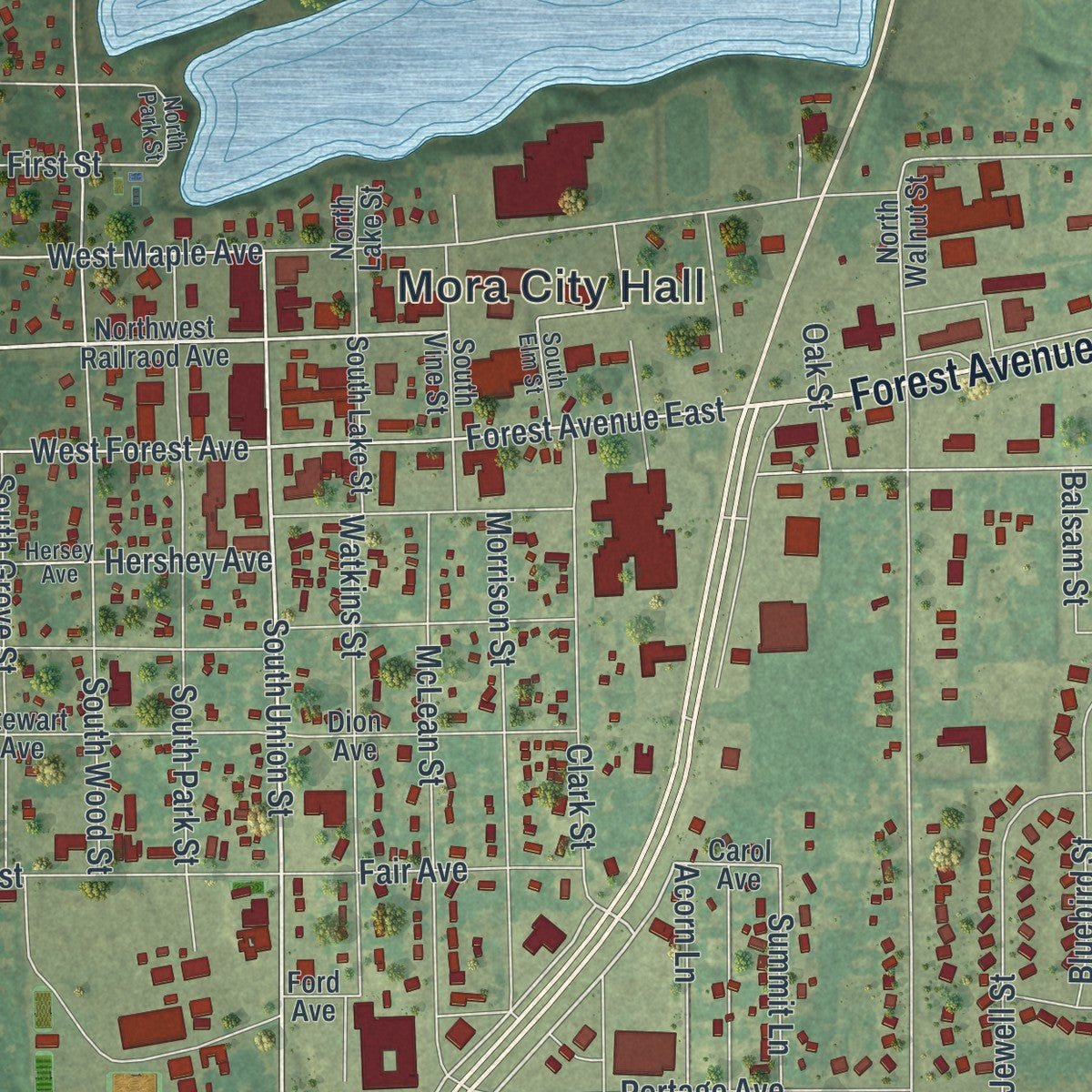 Close-up of the map of Mora, Minnesota print showing street and building detail