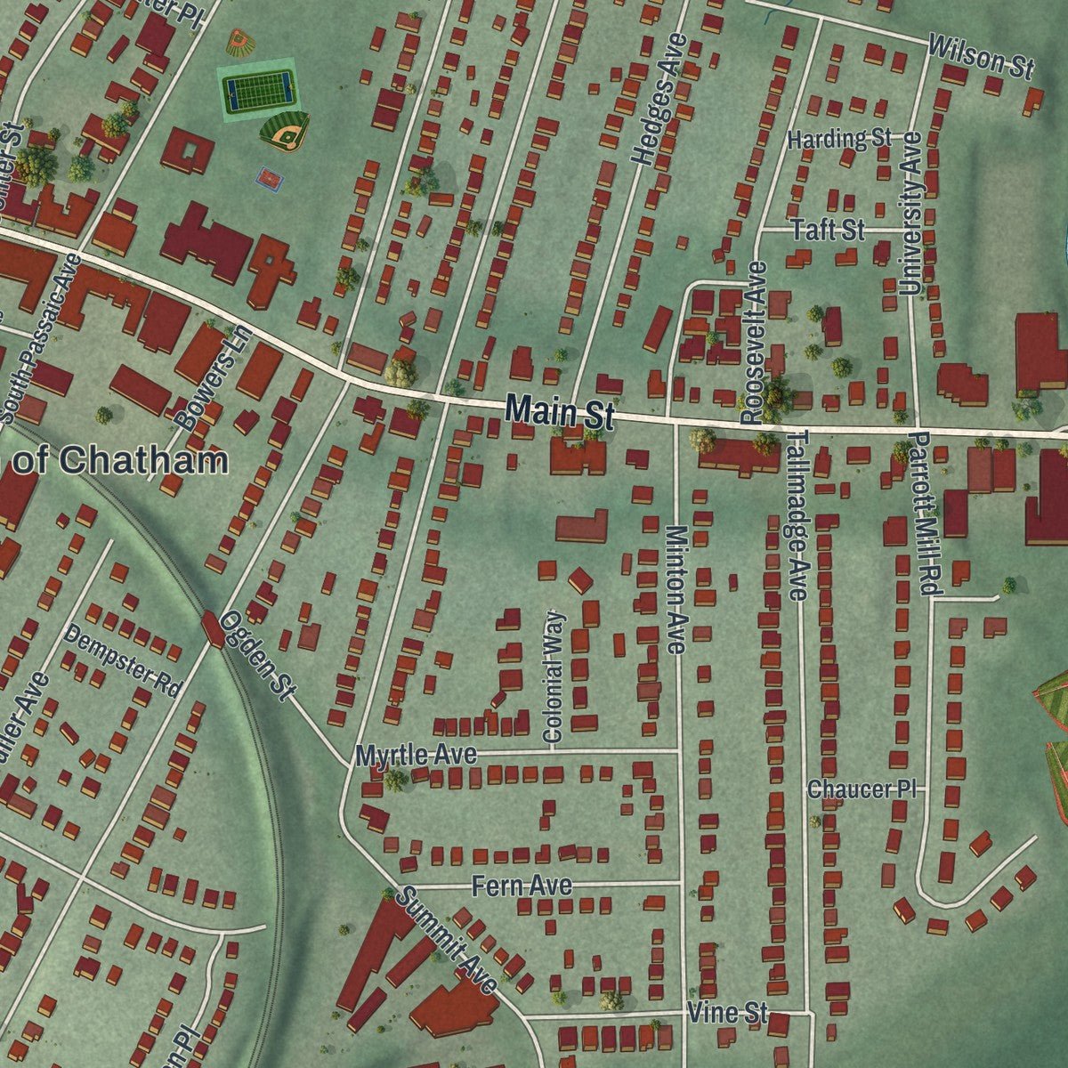 Close-up of the map of the Borough of Chatham, Morris County, New Jersey print showing street and building detail