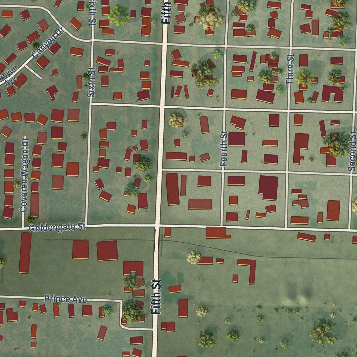 Close-up of the map of Wilder, Idaho print showing street and building detail