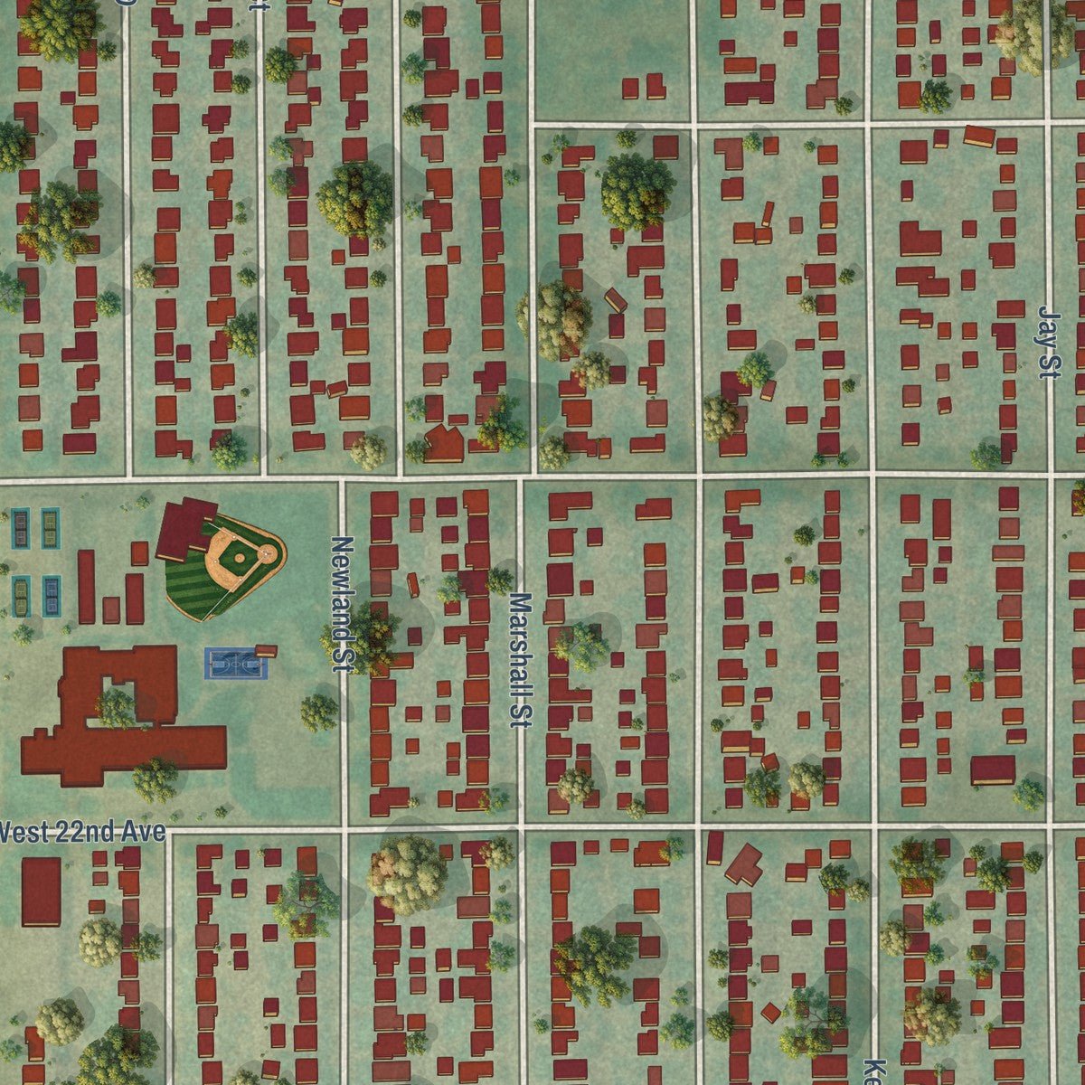 Close-up of the map of Edgewater, Colorado print showing street and building detail