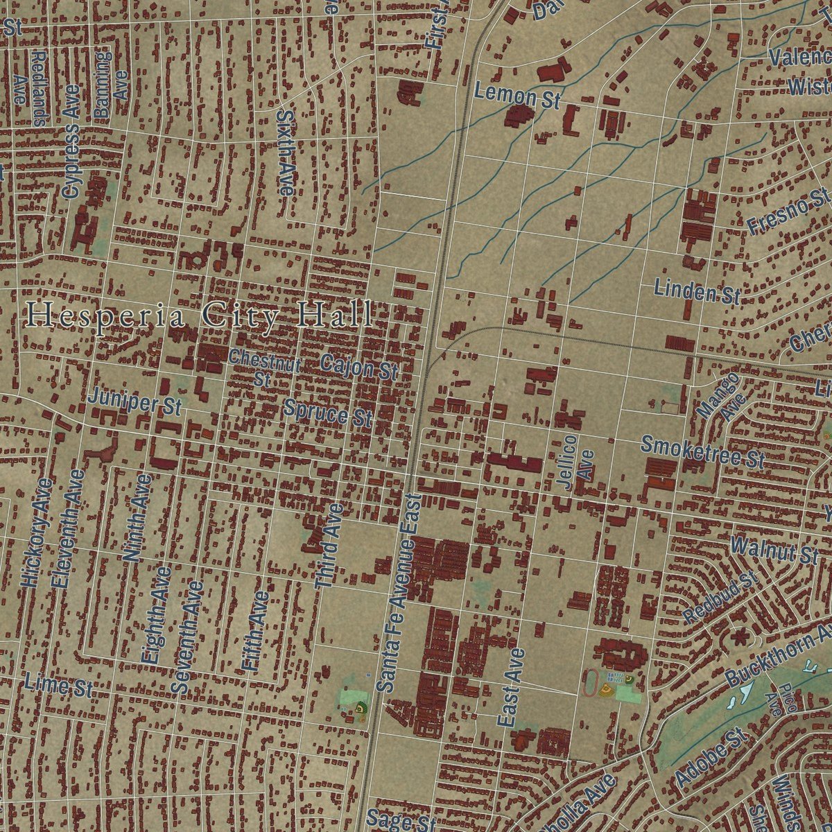 Close-up of the map of Hesperia, California print showing street and building detail