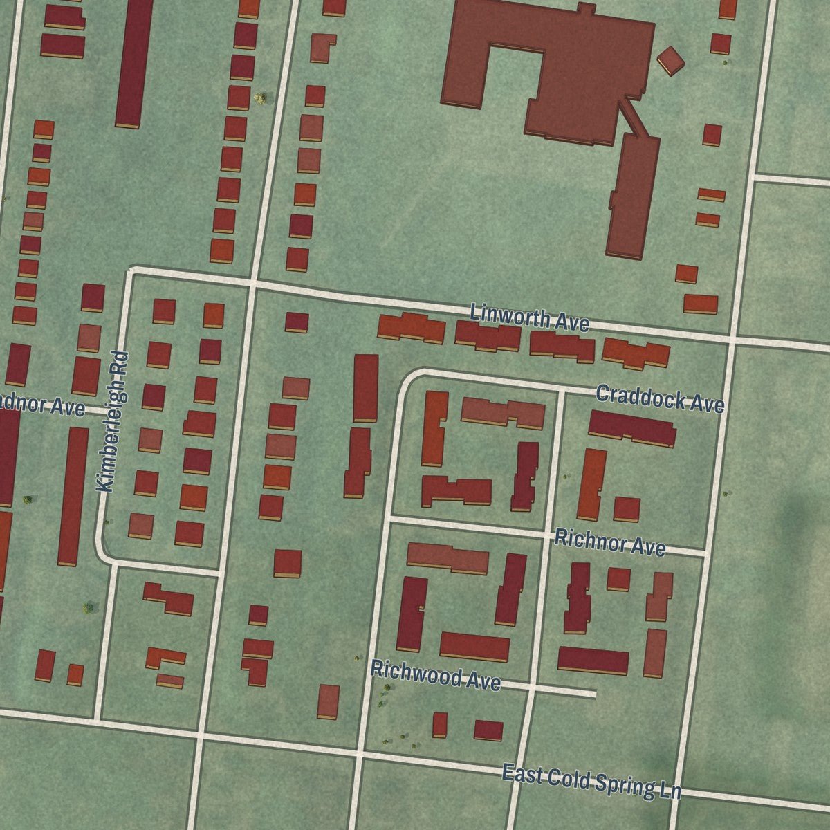 Close-up of the map of Kenilworth Park, Maryland print showing street and building detail