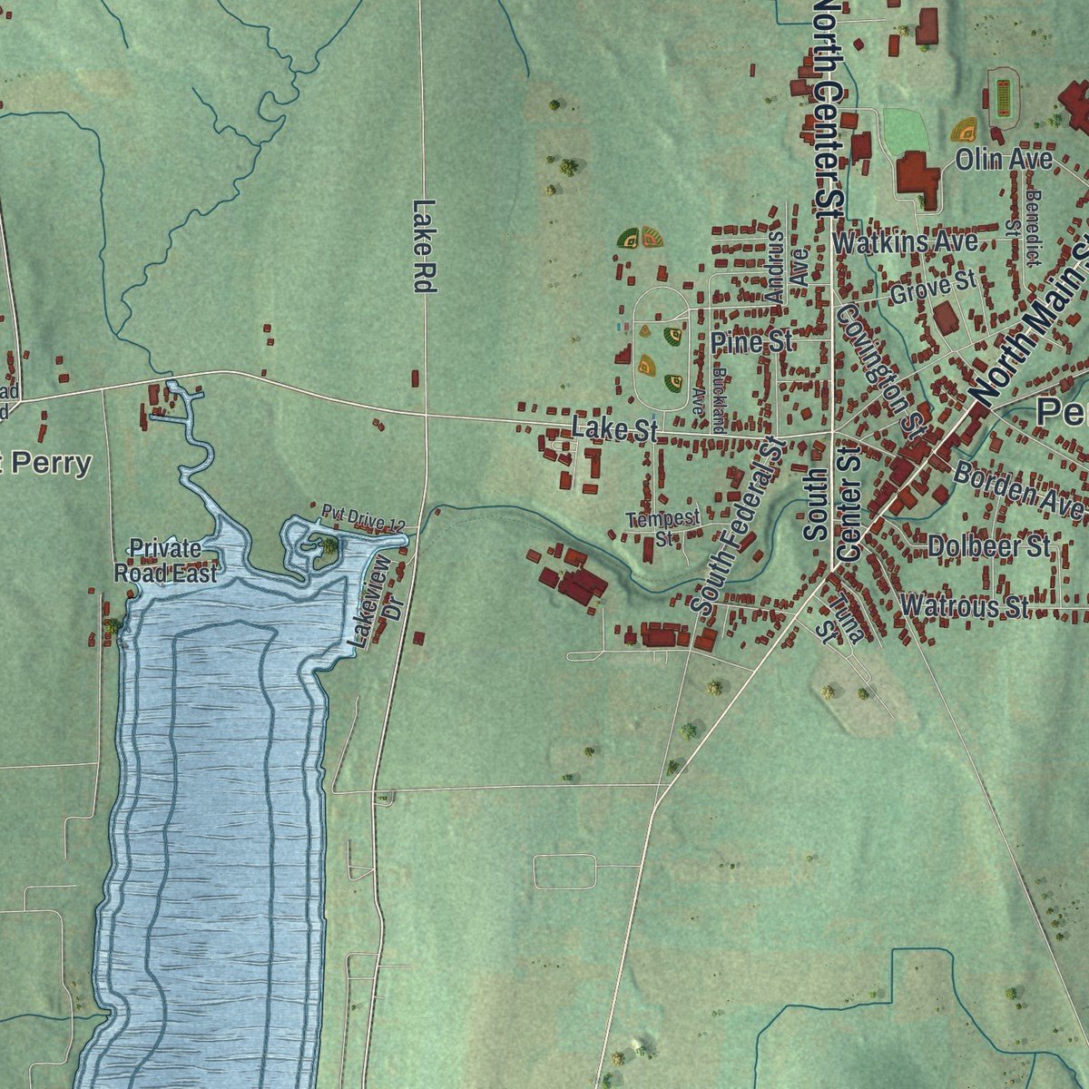 Close-up of the map of the Town of Perry, New York print showing street and building detail