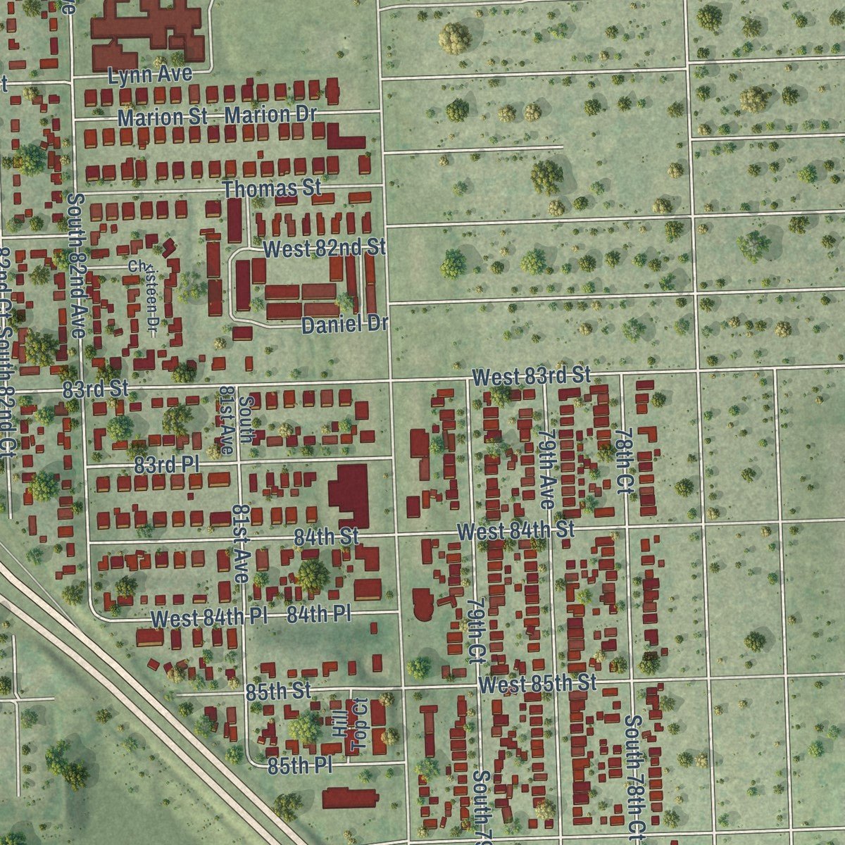 Close-up of the map of Justice, Illinois print showing street and building detail