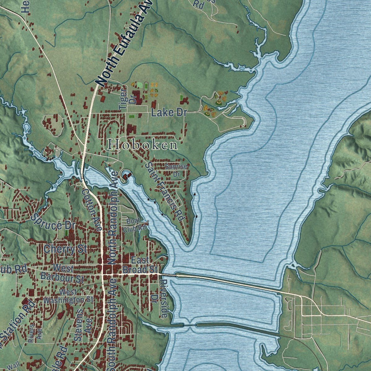 Close-up of the map of Eufaula, Alabama print showing street and building detail