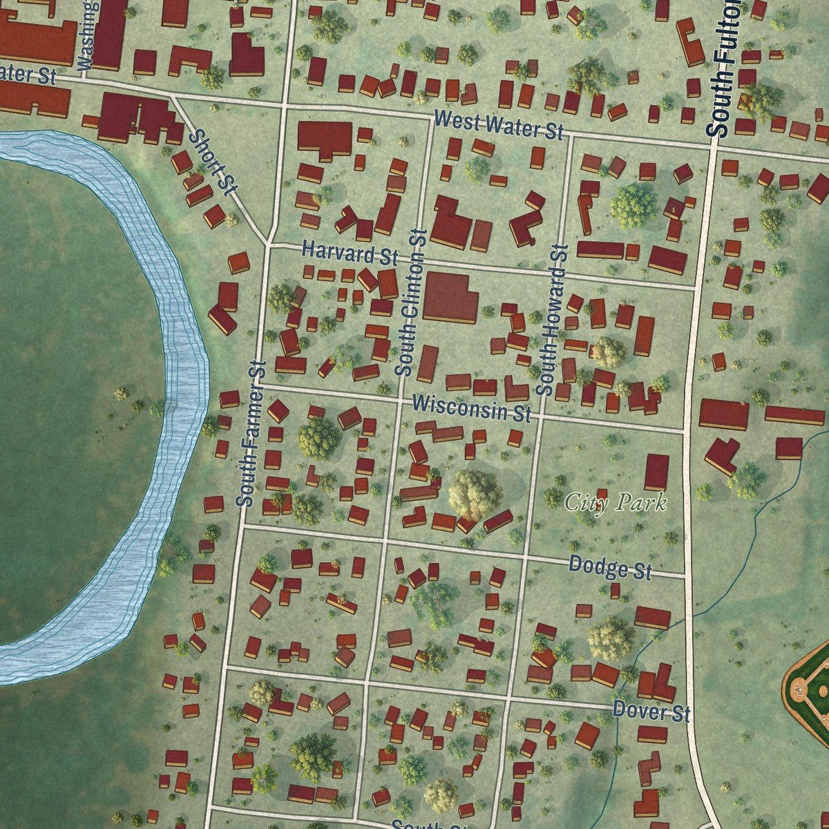 Close-up of the map of Princeton, Wisconsin print showing street and building detail