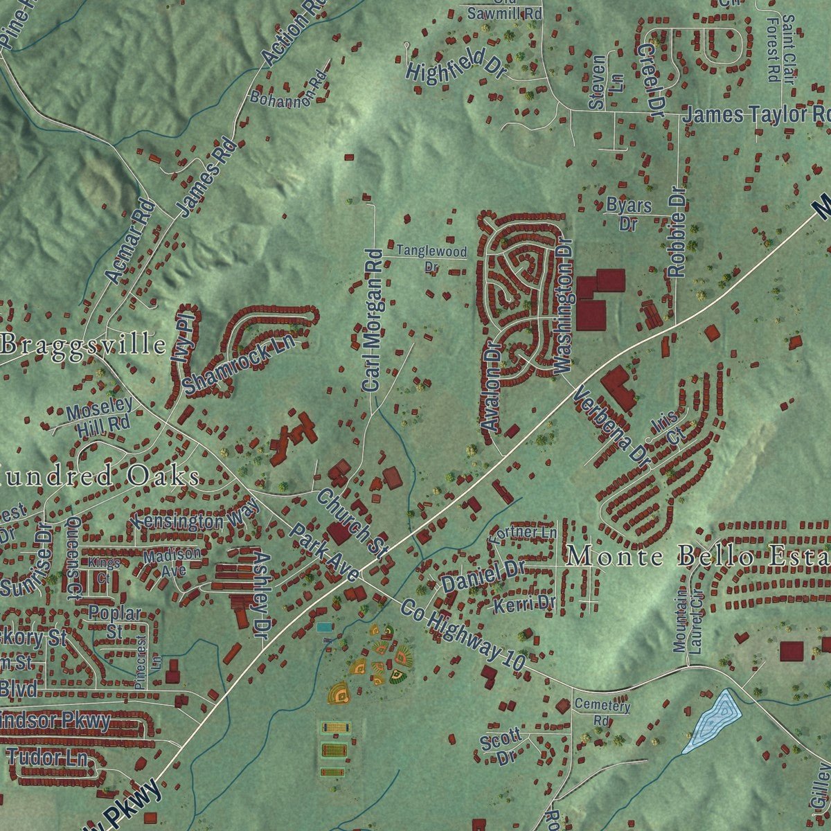 Close-up of the map of Moody, Alabama print showing street and building detail