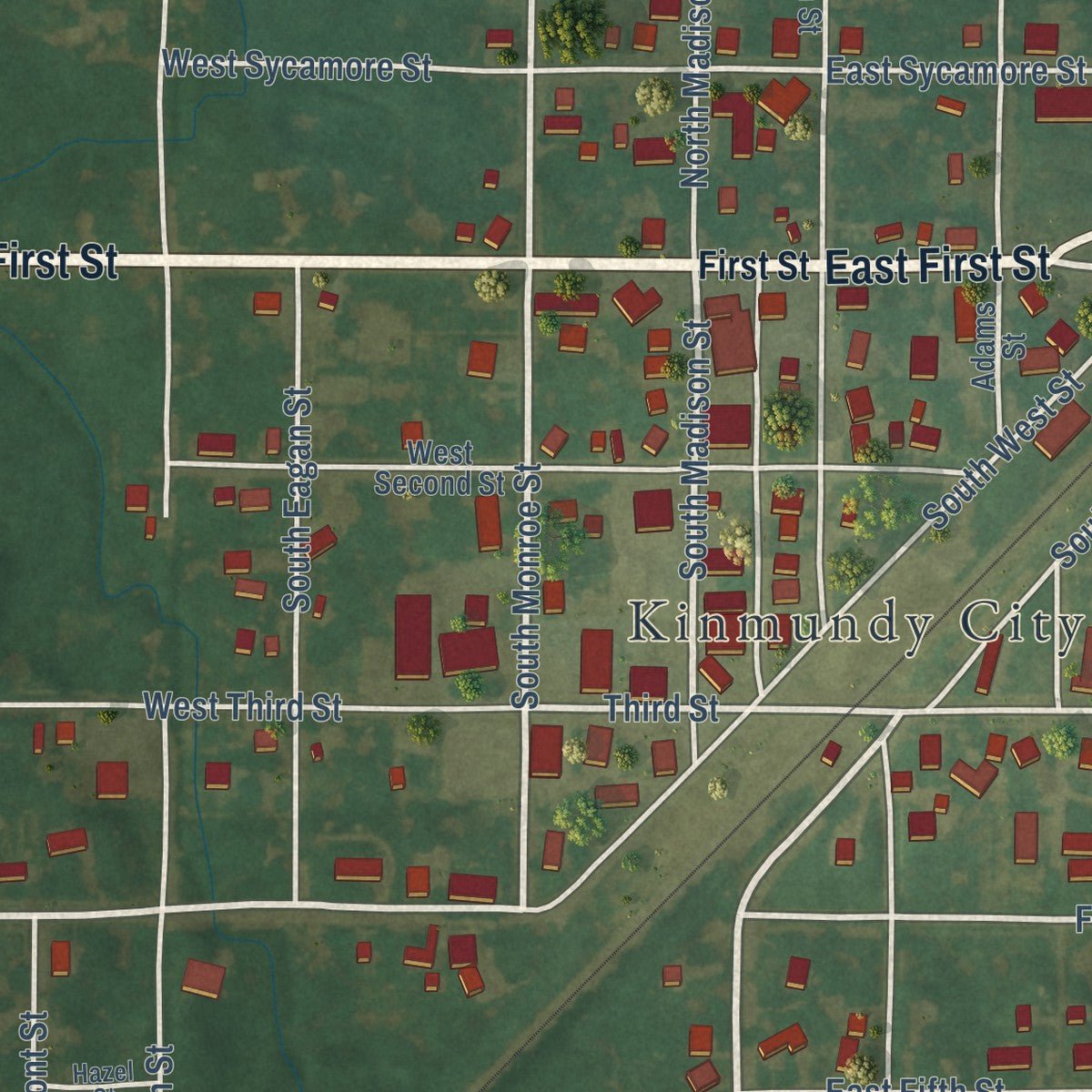 Close-up of the map of Kinmundy, Illinois print showing street and building detail