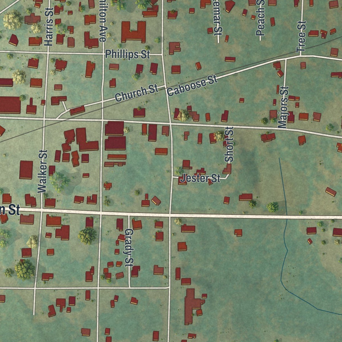 Close-up of the map of Richland, Georgia print showing street and building detail