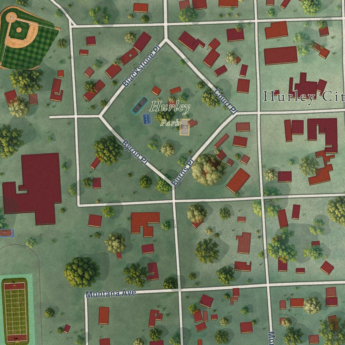 Close-up of the map of Hurley, South Dakota print showing street and building detail