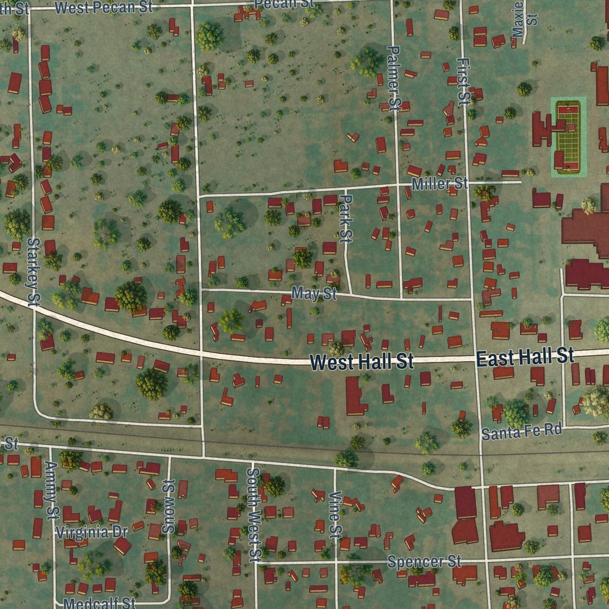 Close-up of the map of Bangs, Texas print showing street and building detail