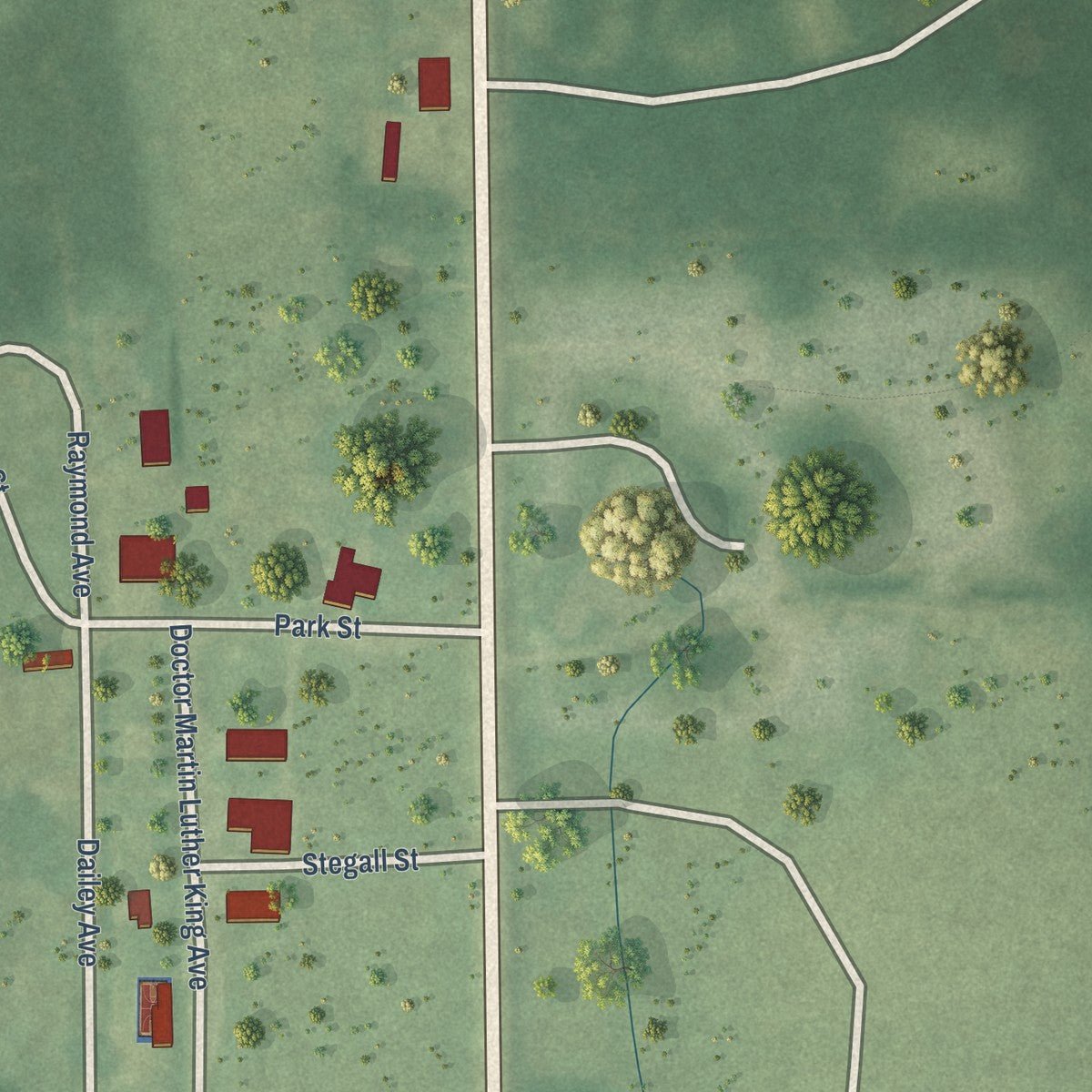 Close-up of the map of Emelle, Alabama print showing street and building detail