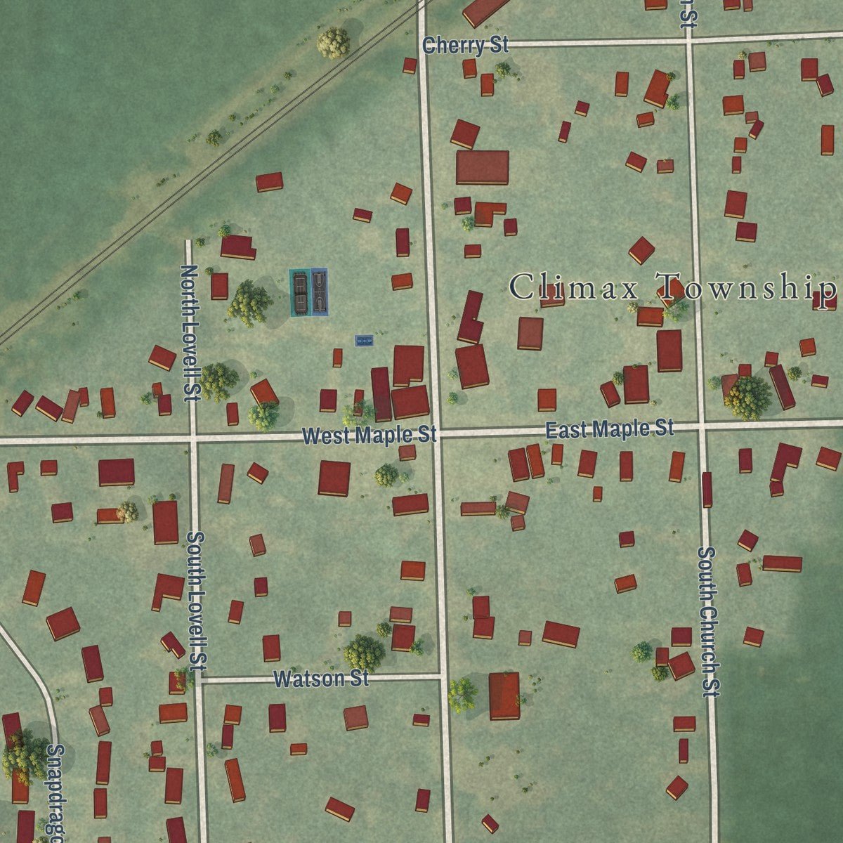 Close-up of the map of Climax, Michigan print showing street and building detail
