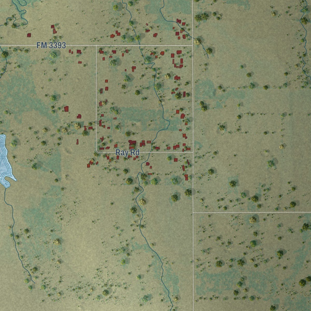 Close-up of the map of Dean, Texas print showing street and building detail
