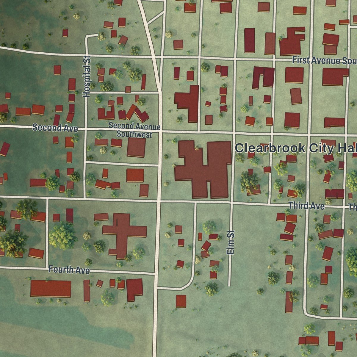 Close-up of the map of Clearbrook, Minnesota print showing street and building detail