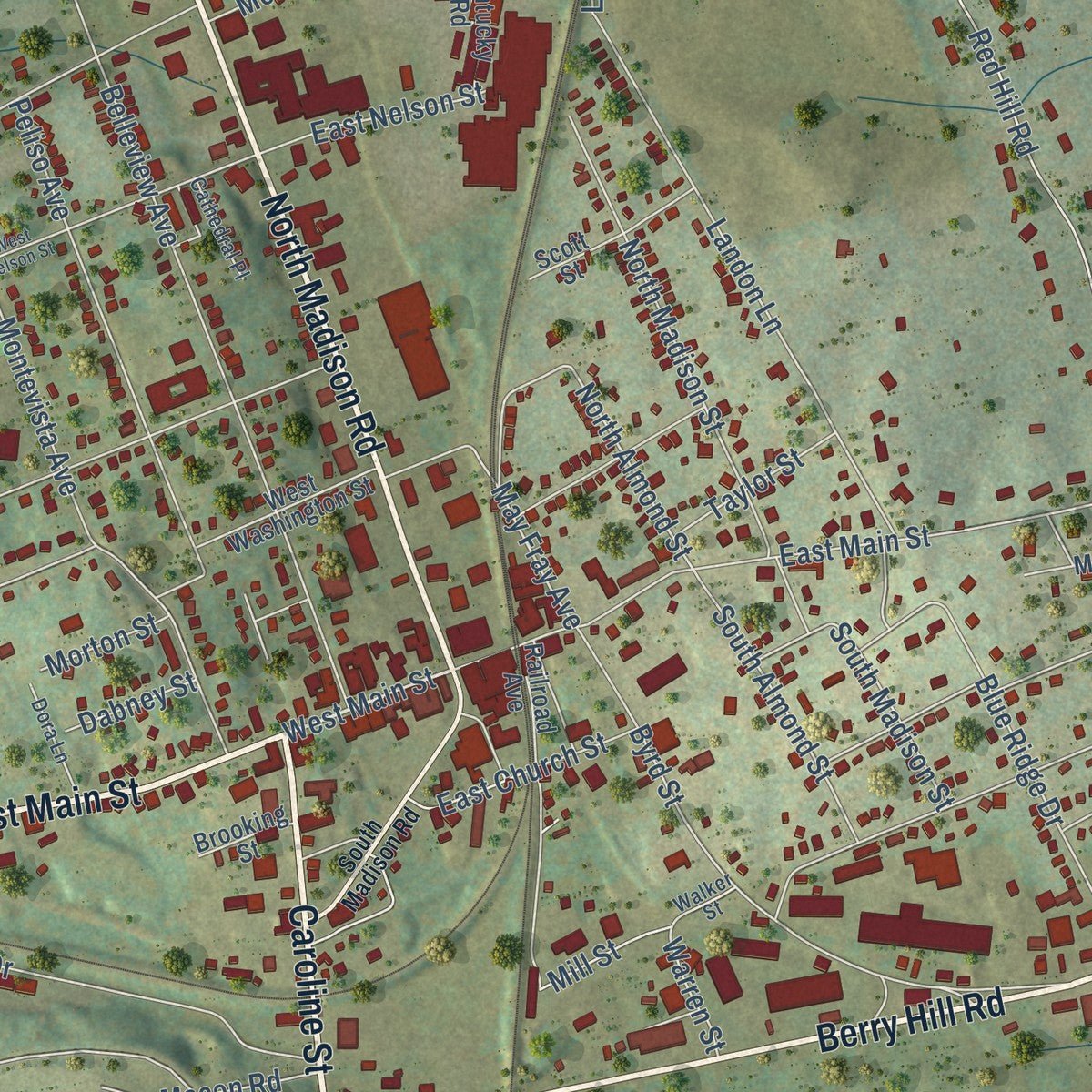 Close-up of the map of Orange, Virginia print showing street and building detail