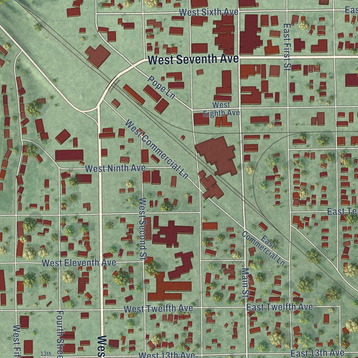 Close-up of the map of Redfield, South Dakota print showing street and building detail