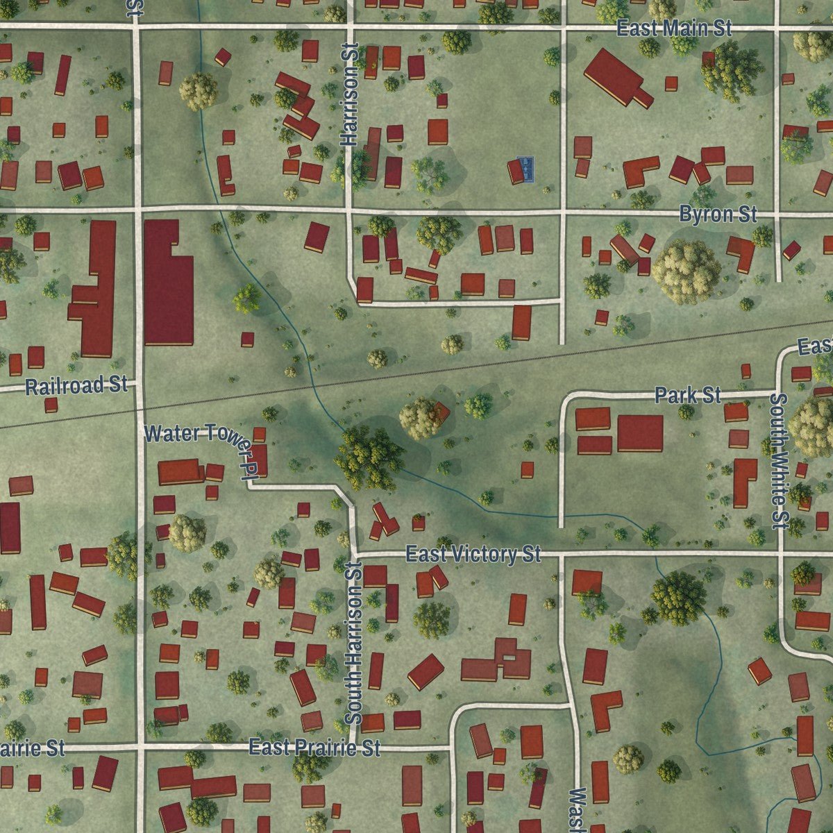 Close-up of the map of Sidney, Illinois print showing street and building detail