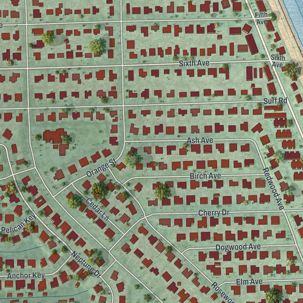 Close-up of the map of Melbourne Beach, Florida print showing street and building detail