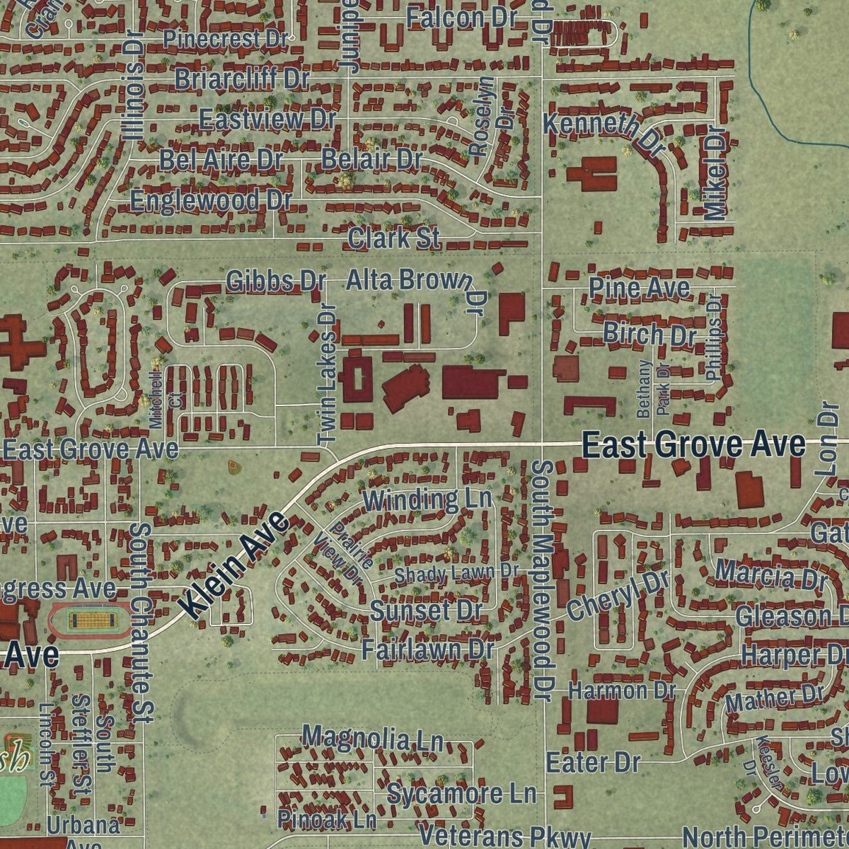 Close-up of the map of Rantoul, Illinois print showing street and building detail