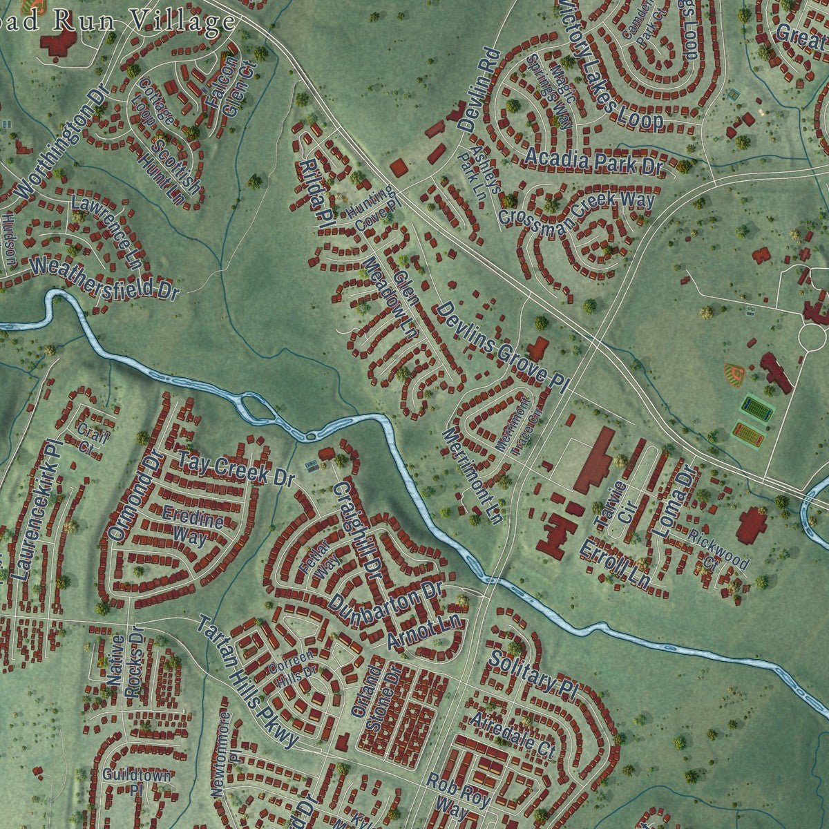 Close-up of the map of Linton Hall, Virginia print showing street and building detail