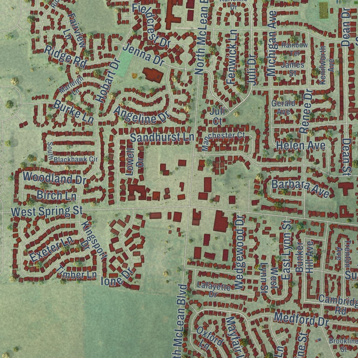 Close-up of the map of South Elgin, Illinois print showing street and building detail