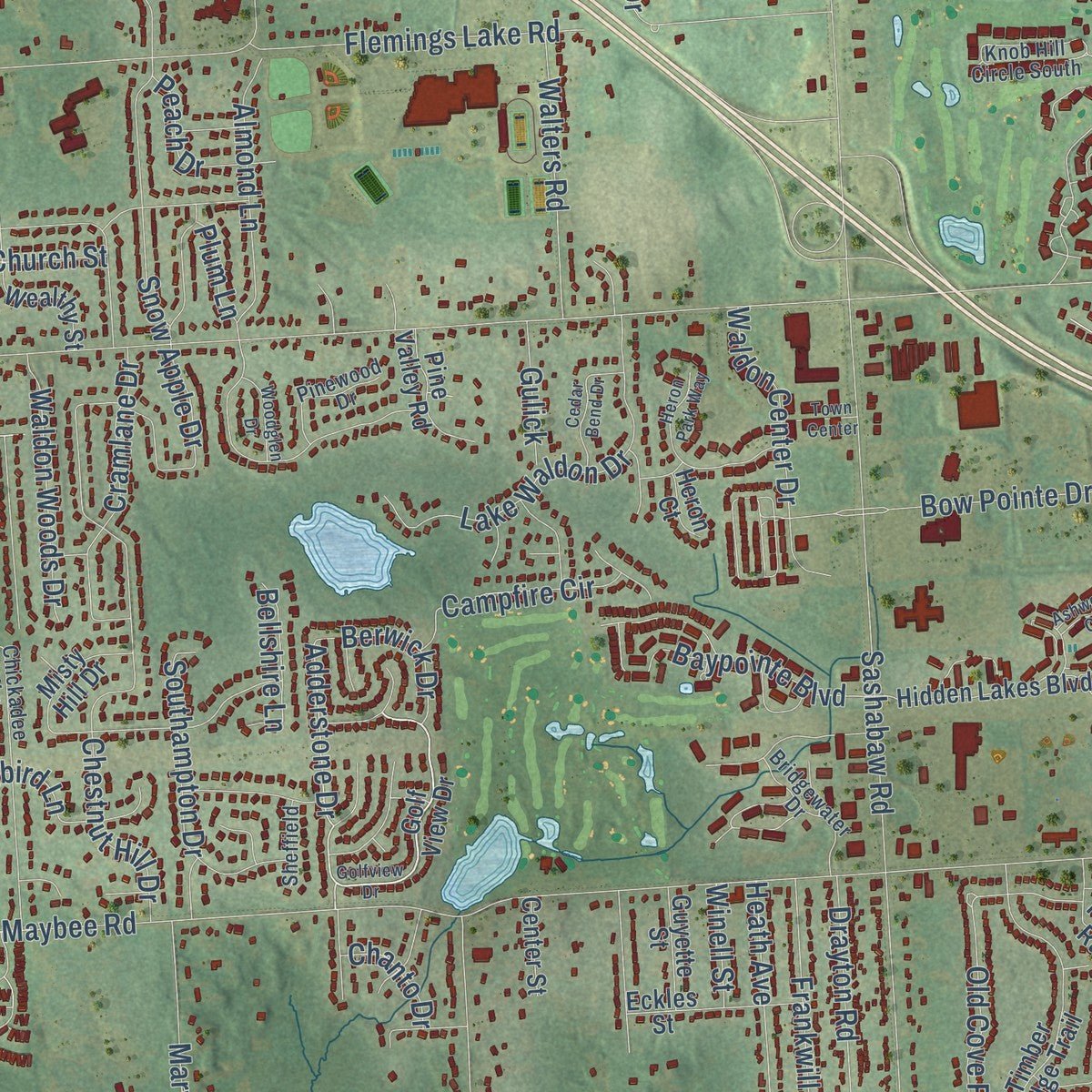 Close-up of the map of Independence, Michigan print showing street and building detail