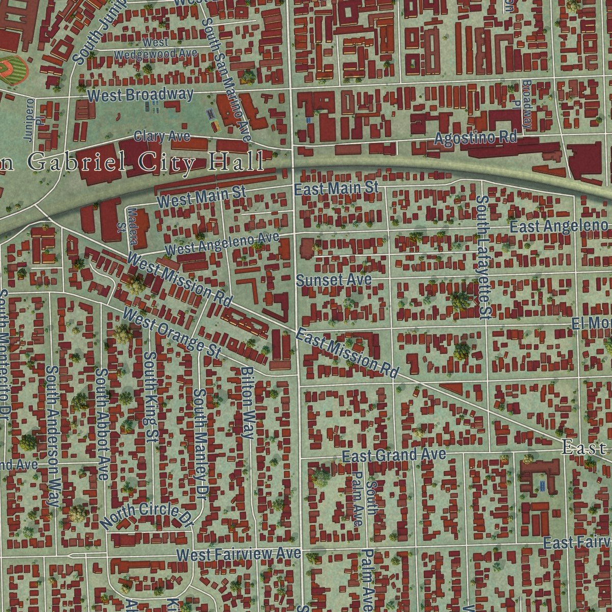Close-up of the map of San Gabriel, California print showing street and building detail