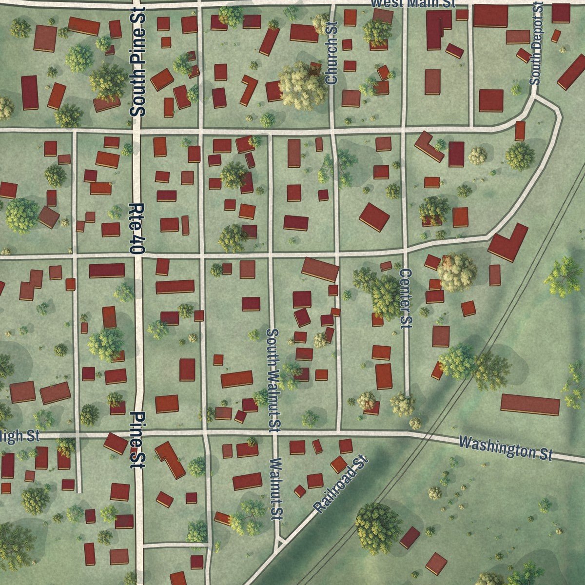 Close-up of the map of Buda, Illinois print showing street and building detail