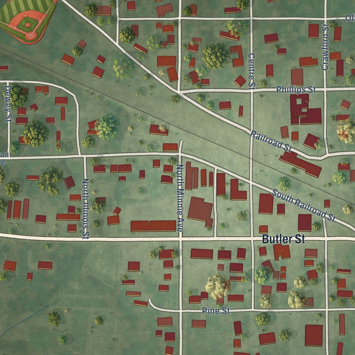 Close-up of the map of Tilden, Illinois print showing street and building detail
