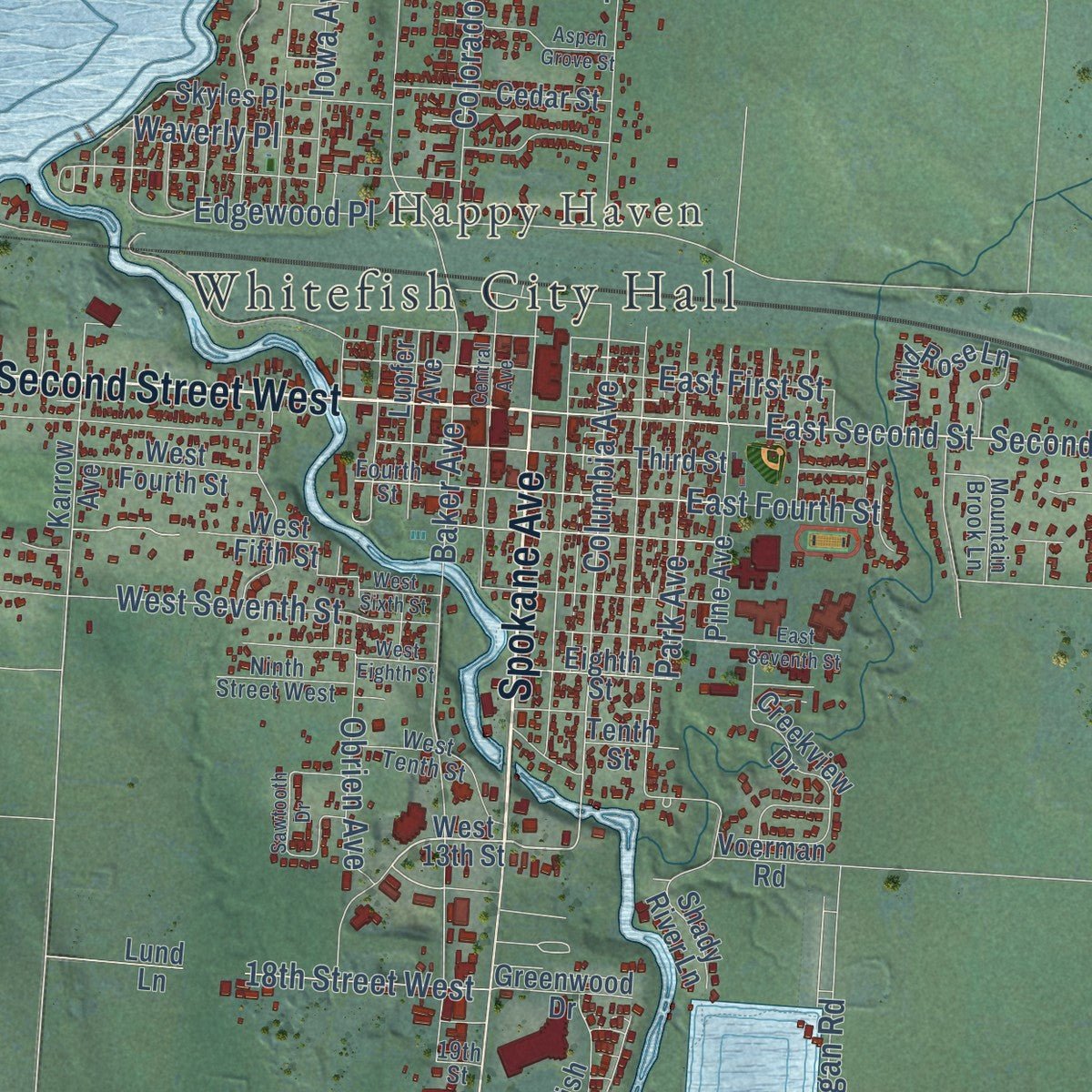 Close-up of the map of Whitefish, Montana print showing street and building detail