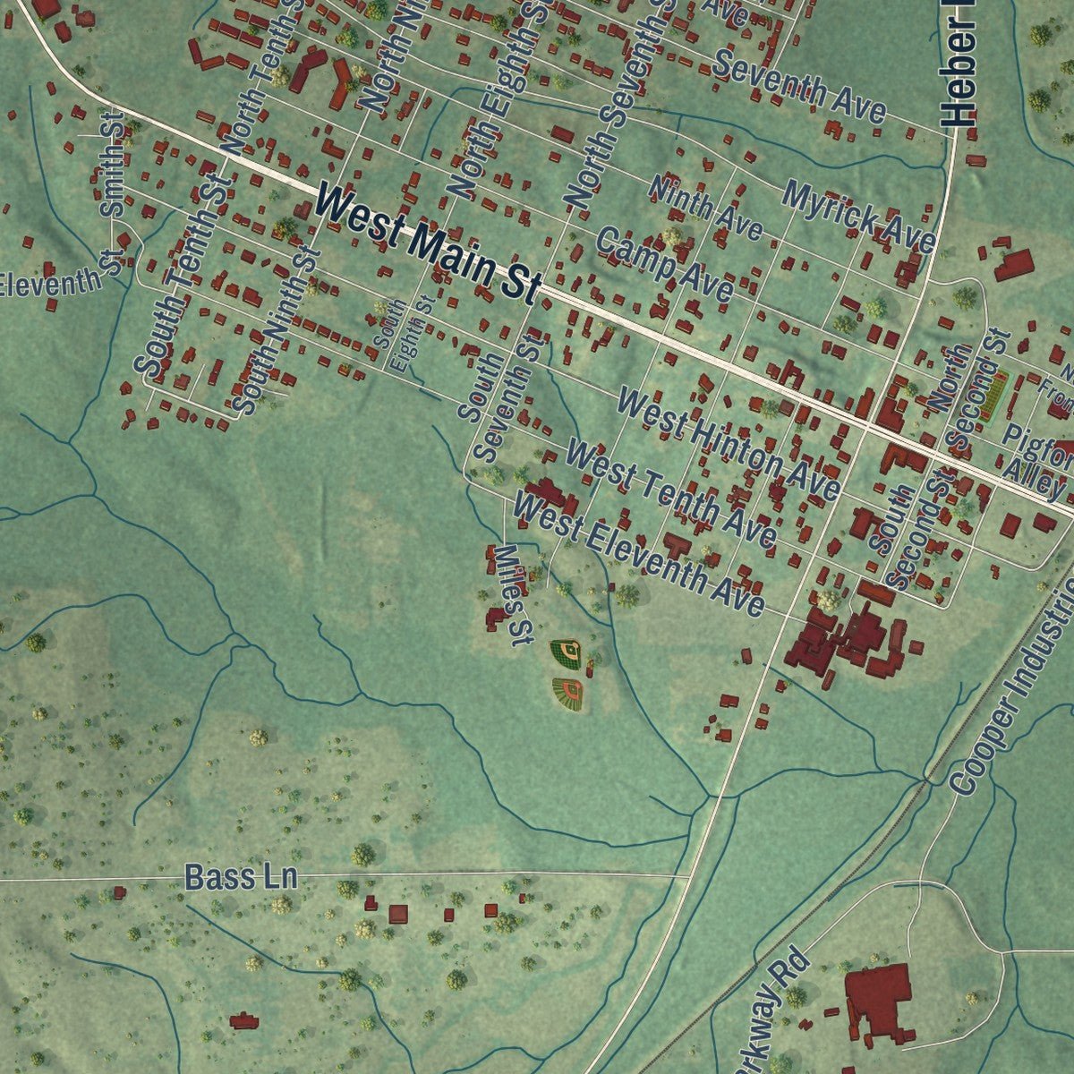 Close-up of the map of Lumberton, Mississippi print showing street and building detail