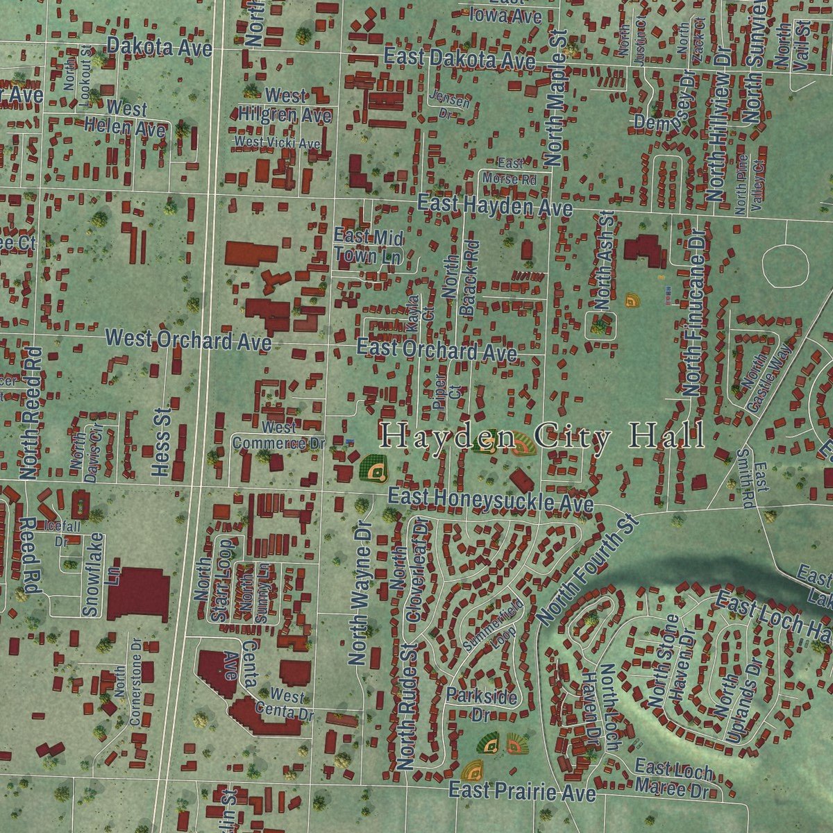 Close-up of the map of Hayden, Idaho print showing street and building detail