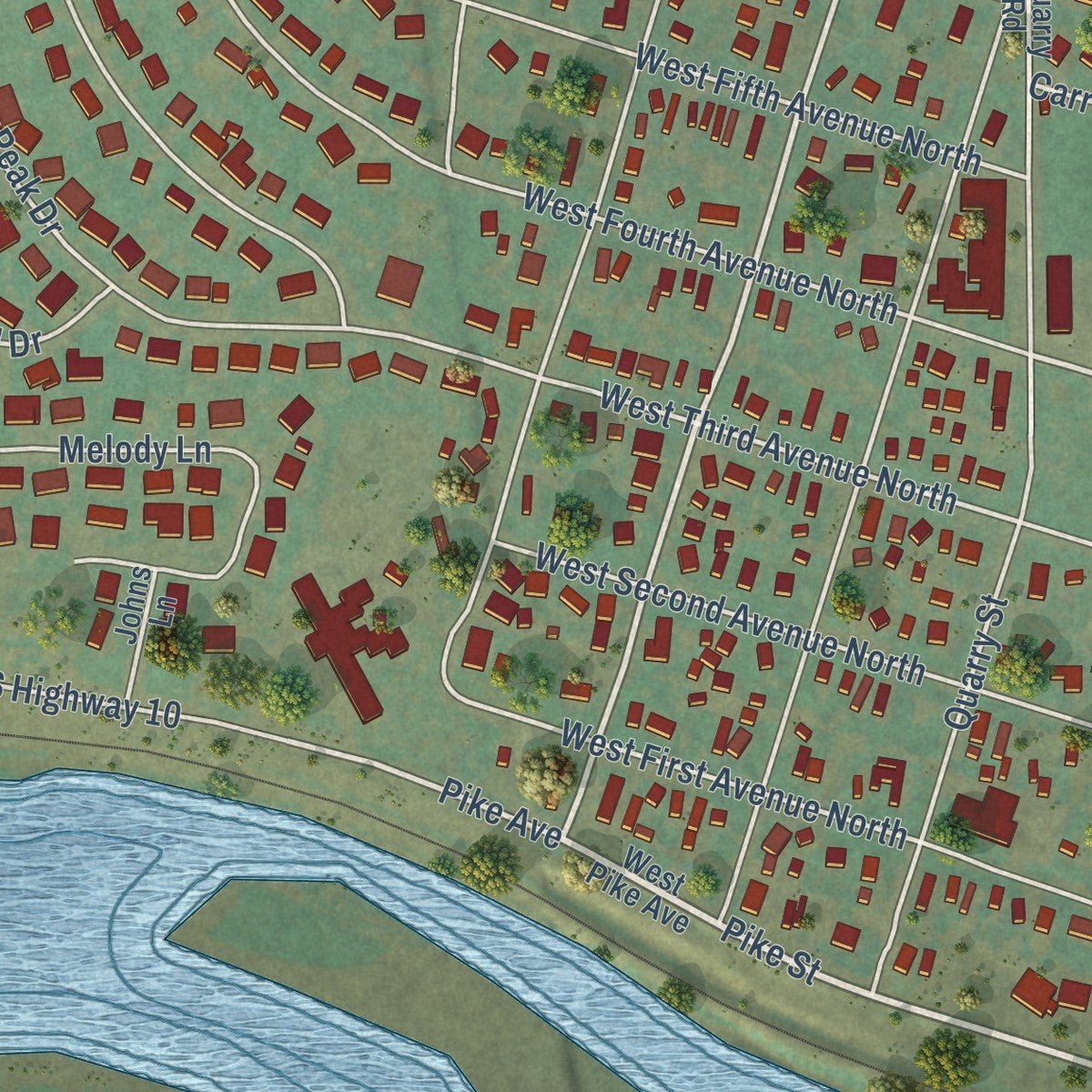 Close-up of the map of Columbus, Montana print showing street and building detail