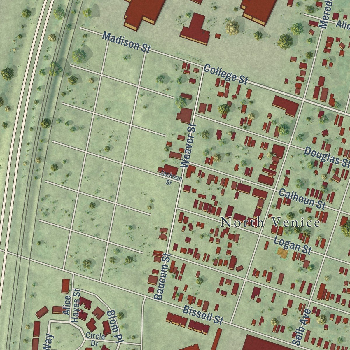 Close-up of the map of Venice, Illinois print showing street and building detail