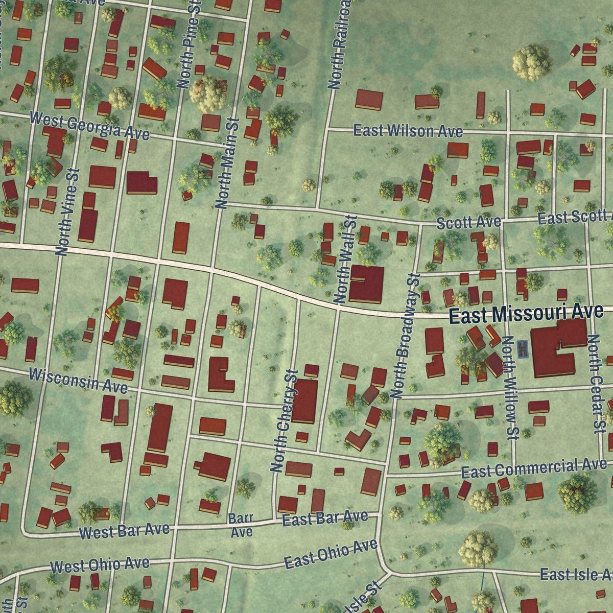 Close-up of the map of Sandoval, Illinois print showing street and building detail