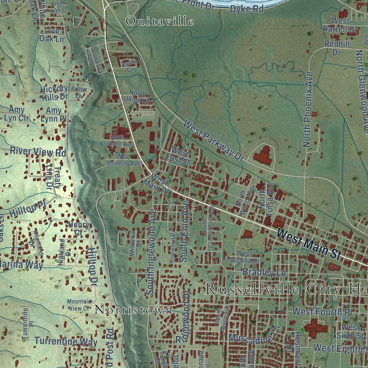 Close-up of the map of Russellville, Arkansas print showing street and building detail