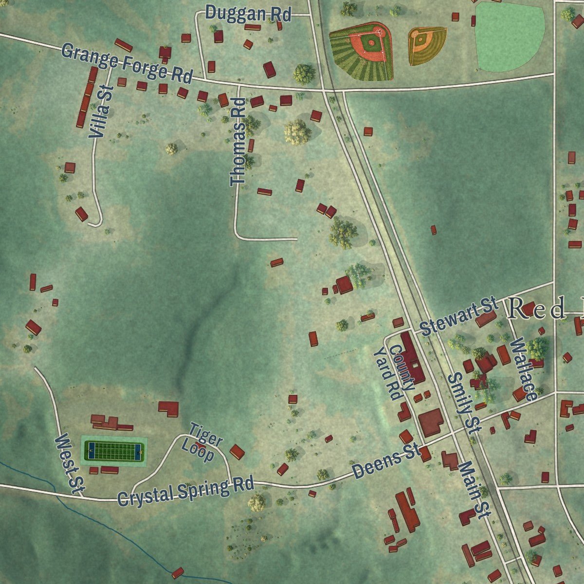 Close-up of the map of Red Level, Alabama print showing street and building detail
