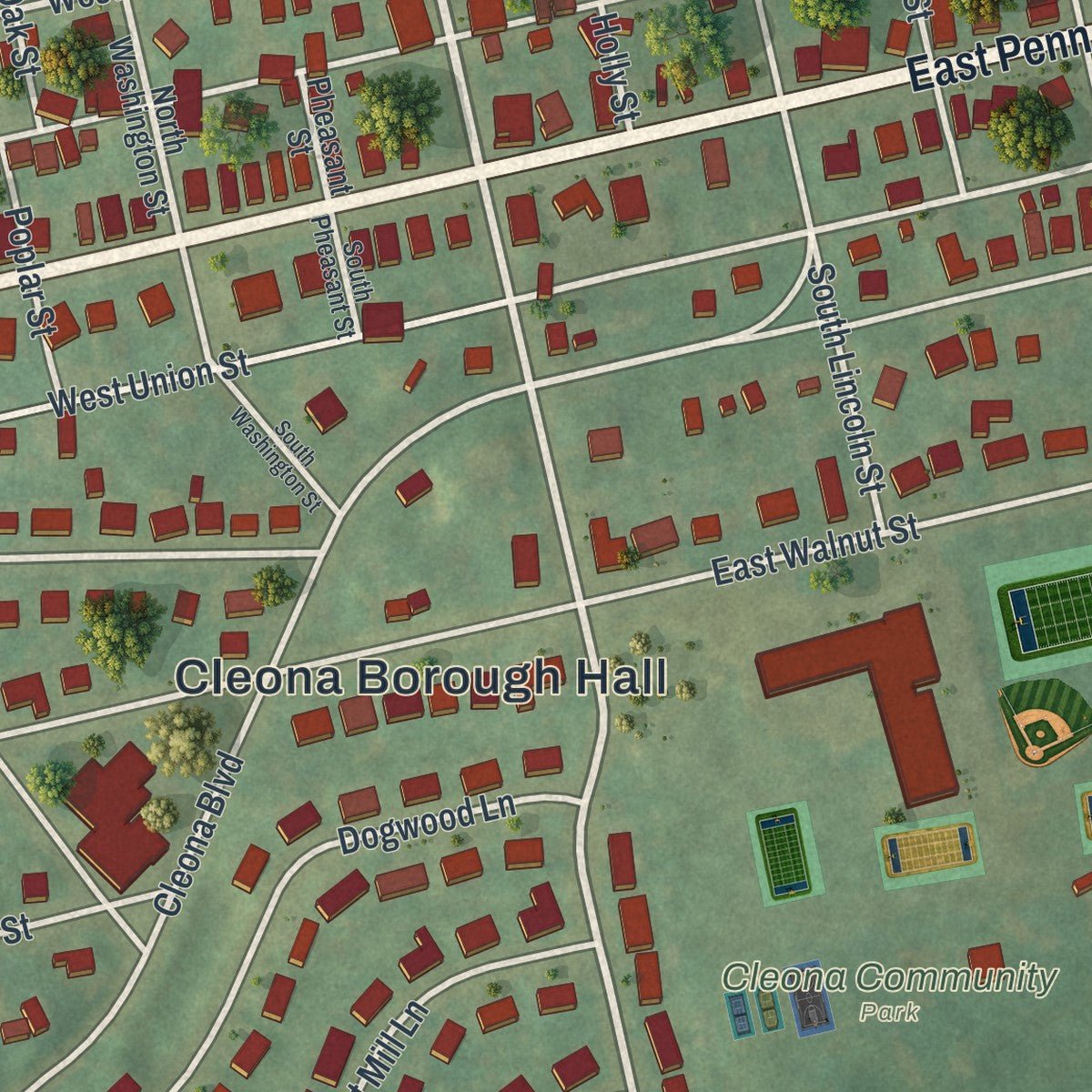 Close-up of the map of Cleona, Pennsylvania print showing street and building detail