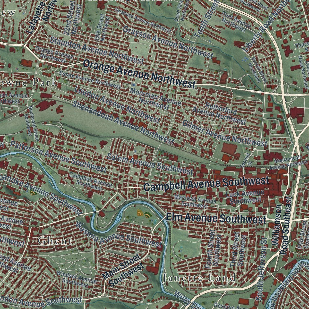 Close-up of the map of Roanoke, Virginia print showing street and building detail