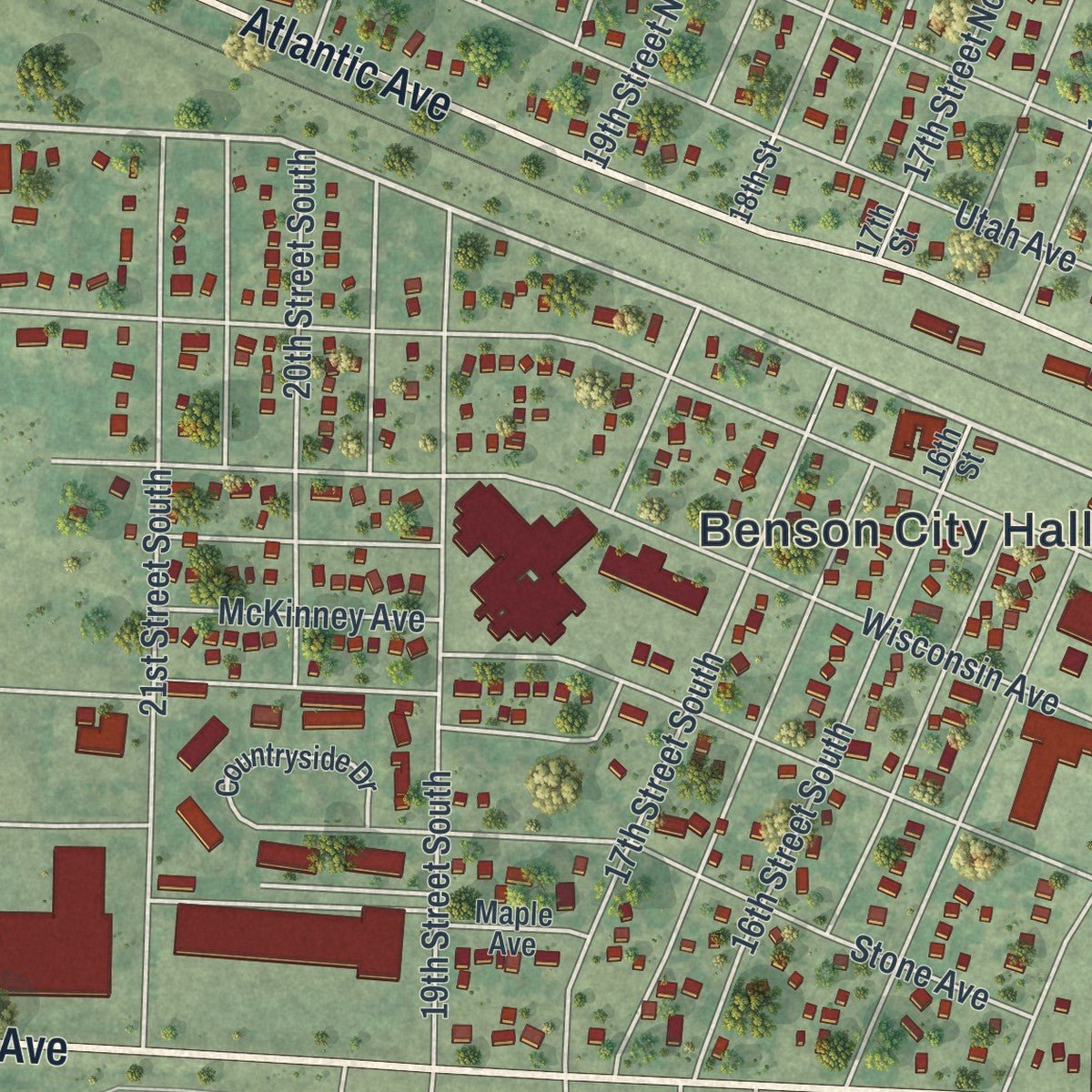 Close-up of the map of Benson, Minnesota print showing street and building detail